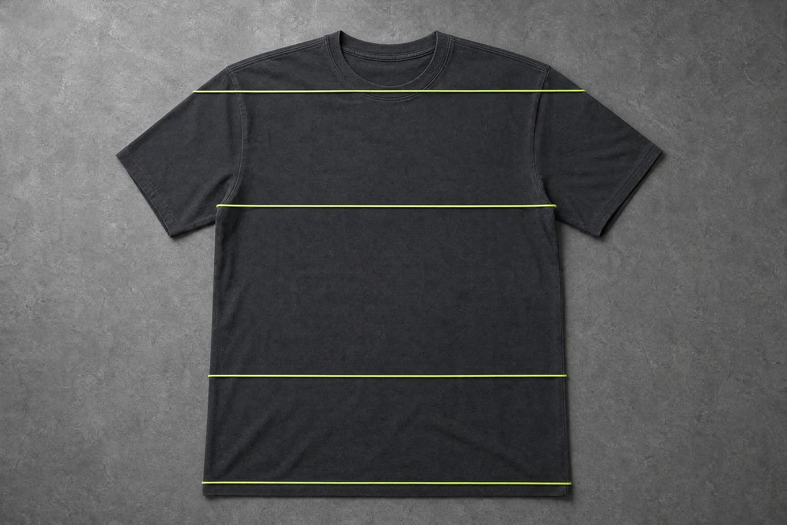 A charcoal t-shirt laid flat with four thin hi-vis threads laid across it marking the armhole, shoulder seam, side seam and hem.