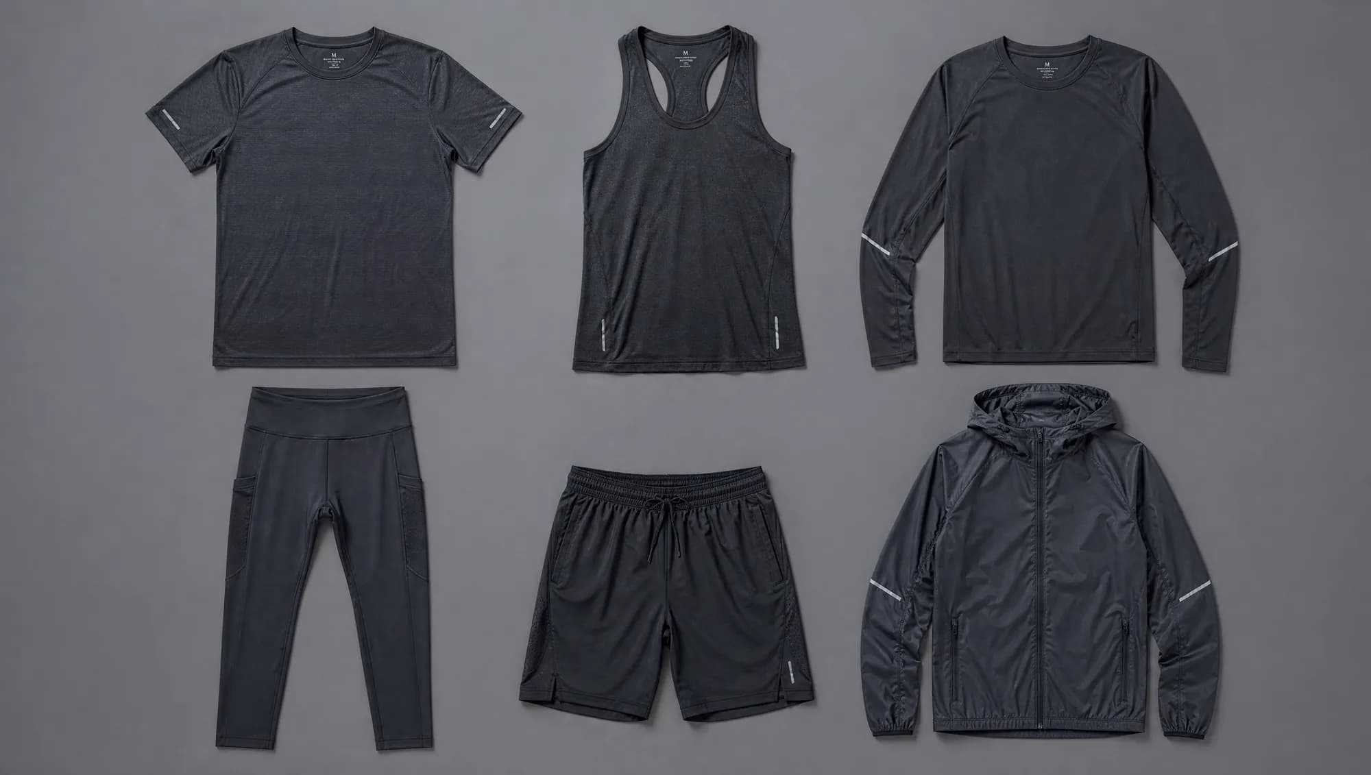 Six athletic garments arranged in a grid and photographed flat from above, all empty and unworn.