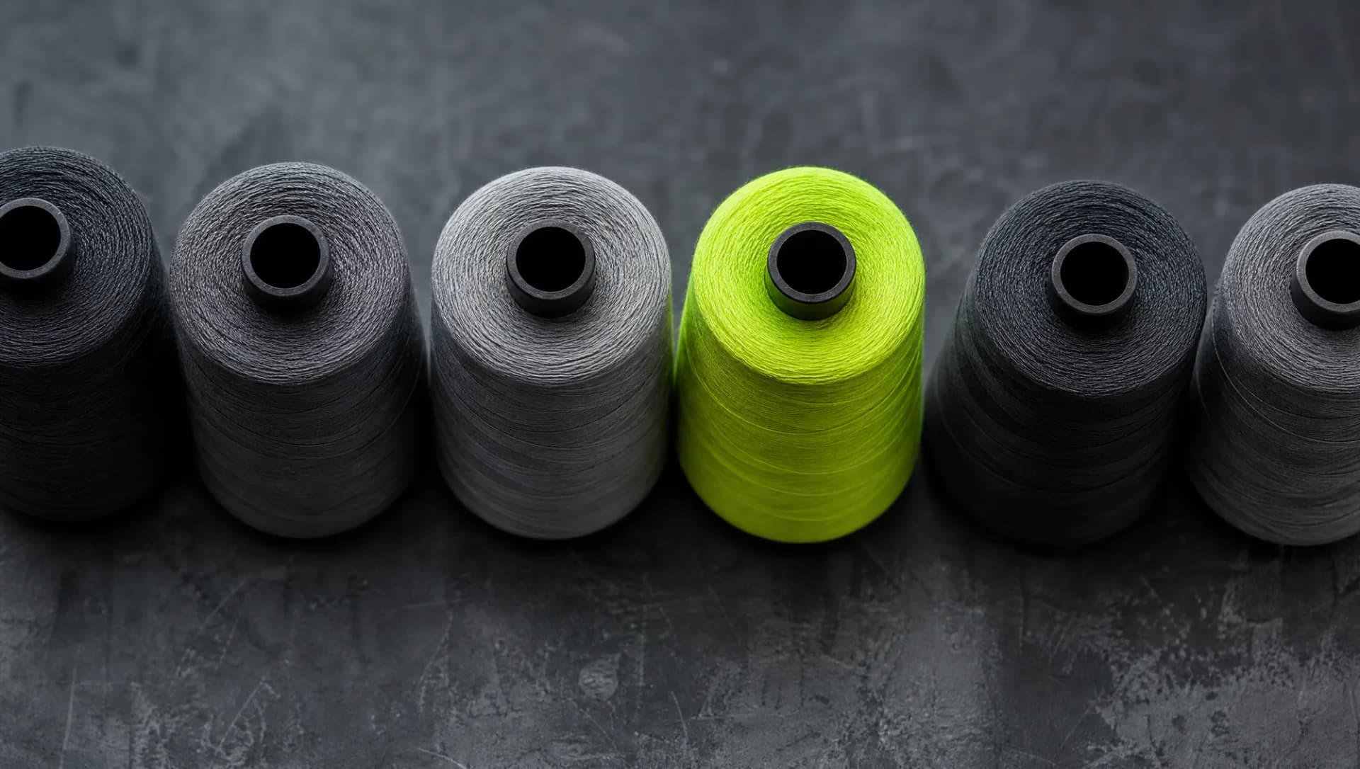 A row of industrial thread cones in charcoal, stone grey and hi-vis yellow-green on a graphite surface.