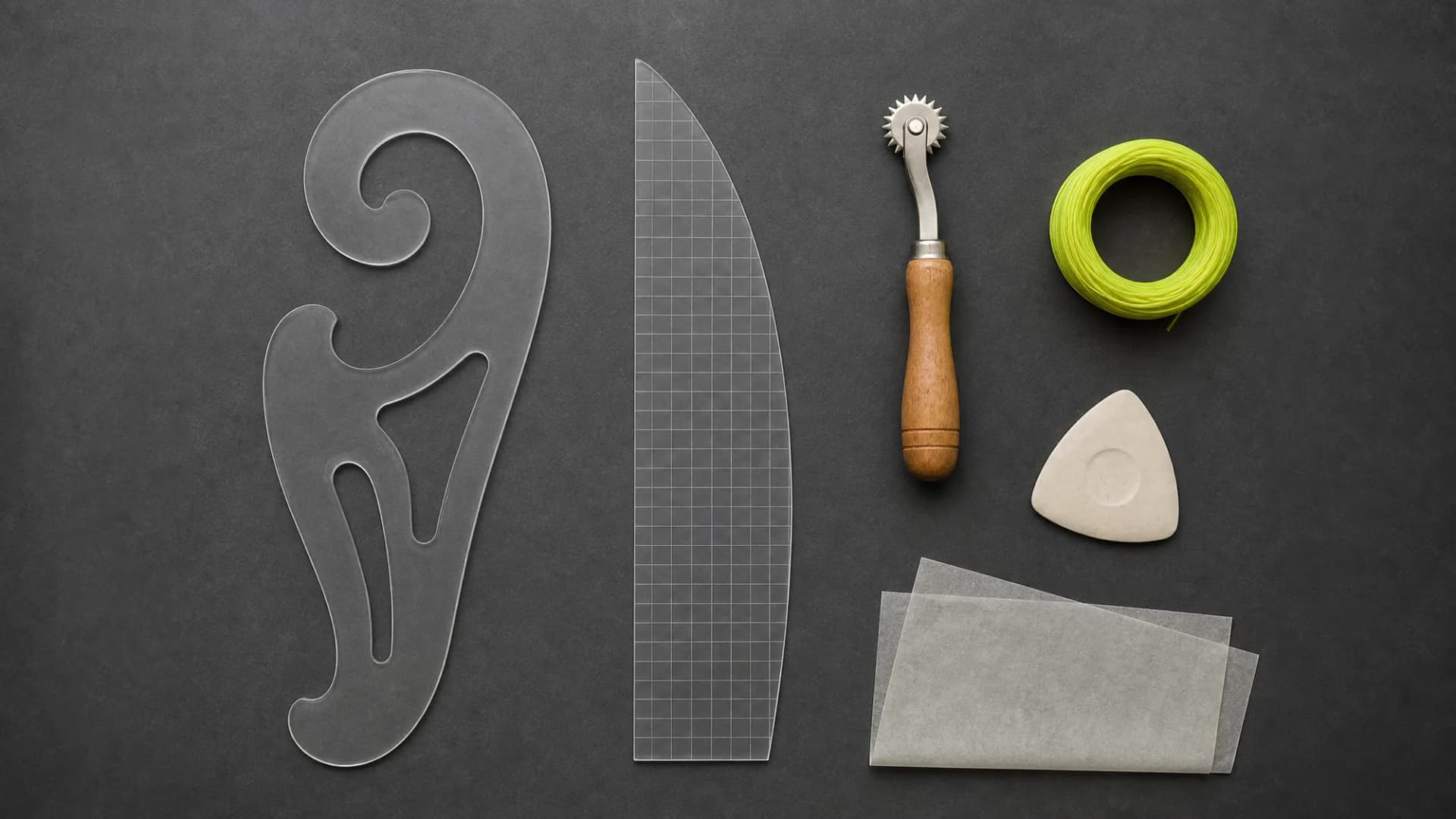 Pattern-making tools laid out on a graphite surface: a French curve, a grading ruler, a tracing wheel and a coil of hi-vis thread.